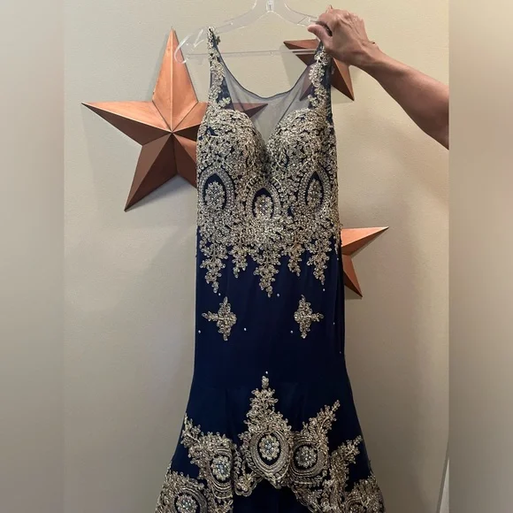 Blue mermaid style prom dress with gold detailing from Anny Lee. - Picture 5 of 5